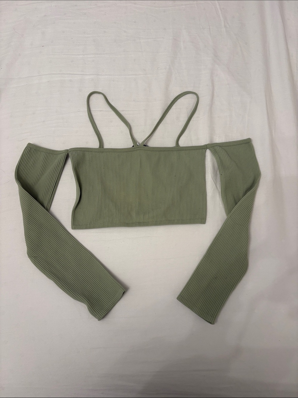 Zara Olive Green Ribbed Off-Shoulder Crop Top with Straps